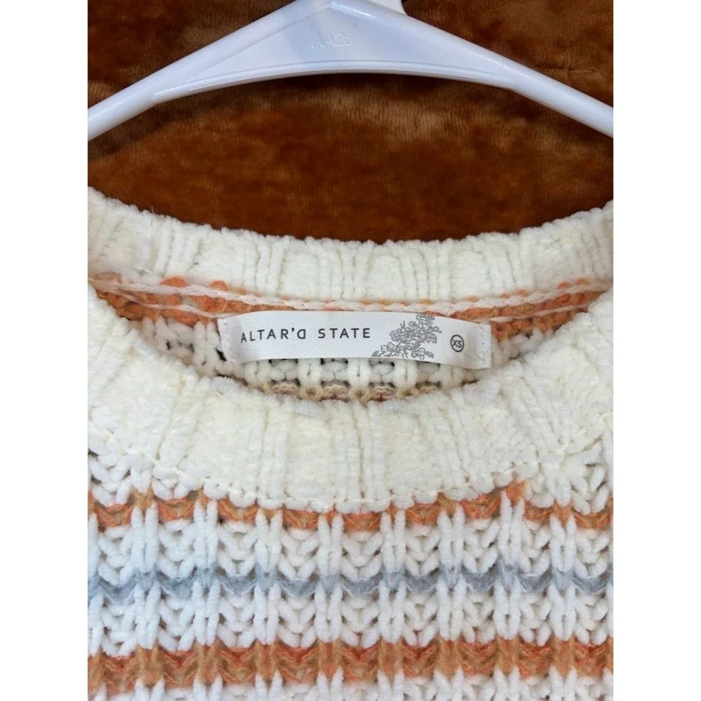 Altar'd State Striped Sweater Vest Cream Orange Blue Ruffle‎ Cap Sleeve XS Boho